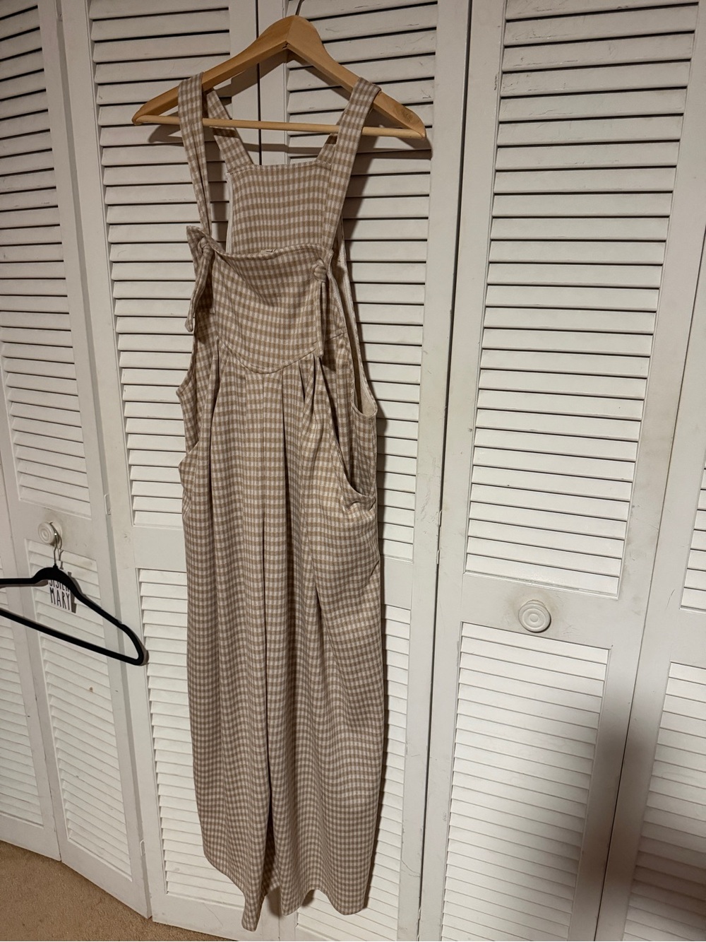 Beige Gingham Wide-Leg Jumpsuit with Pockets